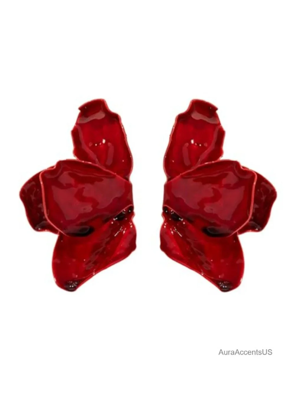 Red Floral Dangle Earrings, Bohemian Statement Petal Drop Earrings, Lightweight